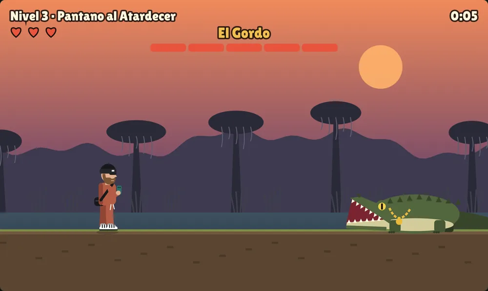 El Gordo, a heavy dark-green crocodile with a gold chain, mouth open at dusk.