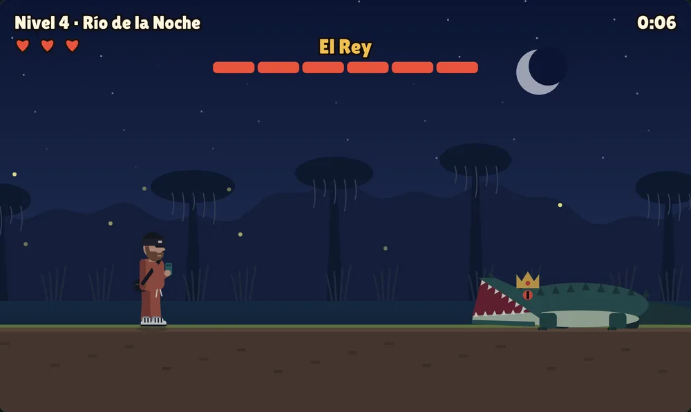 El Rey, a dark teal crocodile wearing a gold crown, red-eyed and jaws open under a crescent moon.